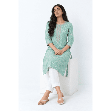 DWEEP SARA Women’s Sea Green Cotton Blend Bandhani Printed Straight Kurta – Traditional Indian Tunic | 3/4 Sleeves | Festive & Casual Wear, S/36