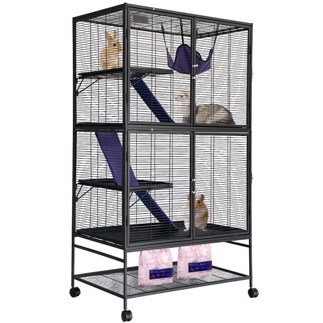 Cage pour Petits Animaux à Plusieurs Niveaux avec Rampe et Tablette de Rangement, Habitat en Métal pour Furets pour Hamster Chinchilla Lapin Cochon d'Inde Hérisson, Plateau Amovible et Roulettes