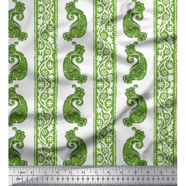 Soimoi Green polyester Crepe Fabric Stripe & Paisley Block Printed Fabric 1 Yard 42 Inch Wide