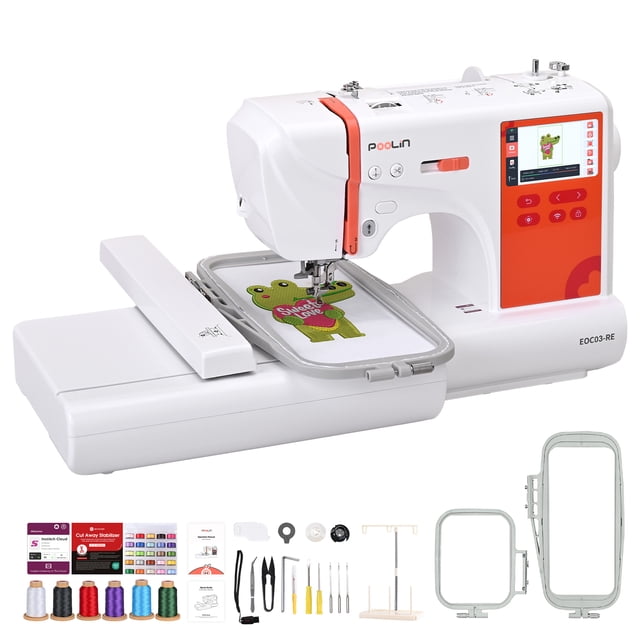 Poolin EOC03RE Embroidery Machine with a 4x9.25-inch embroidery area, 4.3-inch touch screen, and Wi-Fi connectivity. The machine, in white and red, is displayed with an embroidery hoop featuring a frog design. Accessories include spools of thread, pre-wound bobbins, stabilizers, and tools, making it beginner-friendly. Offers 156 built-in designs, 8 fonts, and automated features for easy operation.