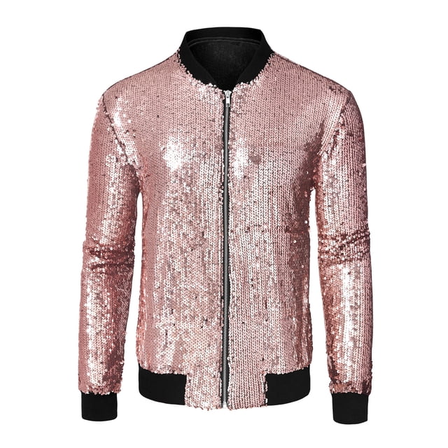 INSPIRE CHIC Vestes pour Hommes Manches Longues Fermeture Éclair Blouson Bomber Pailleté Manteaux m Rose Or