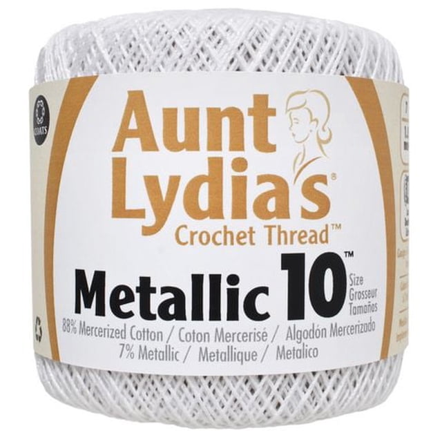 Aunt Lydia Metallic Crochet 154M Size #10 white crochet thread spool with 88% mercerized cotton and 7% metallic fibers, size #10 bedspread weight, suitable for crochet projects requiring a metallic finish and often used for ornaments or decorative crafts.
