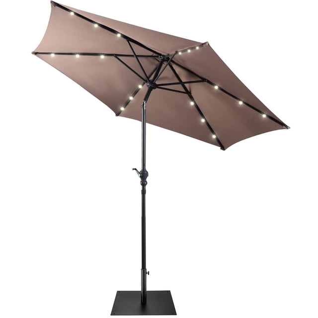 Gymax 9 Ft Patio Table Market Umbrella w/ 18 Solar LED Lights & Heavy-duty Base Tan