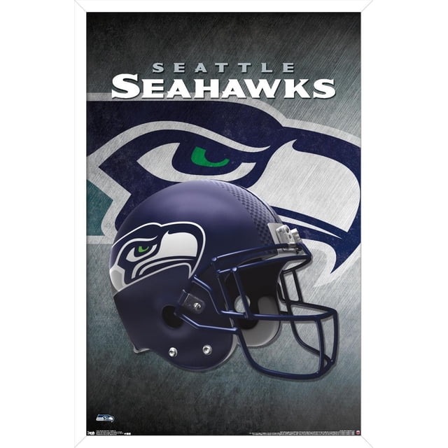 NFL Seattle Seahawks - Helmet 16 Wall Poster, 14.725" x 22.375" framed showing a side view of a navy blue football helmet with the Seattle Seahawks logo, set against a textured background with a large faded Seahawks emblem and bold white text reading 'Seattle Seahawks'. This framed poster is lightweight and easy to hang, suitable for decorating fan rooms or offices.