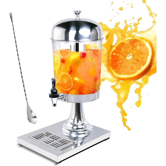 BBTEQEKN 2.2 Gal Beverage Dispenser with Stand, 8L Stainless Steel Drink Dispensers with Agitator, Ice Core, Spigot, Drip Tray for Parties, Clear Acrylic, Sliver