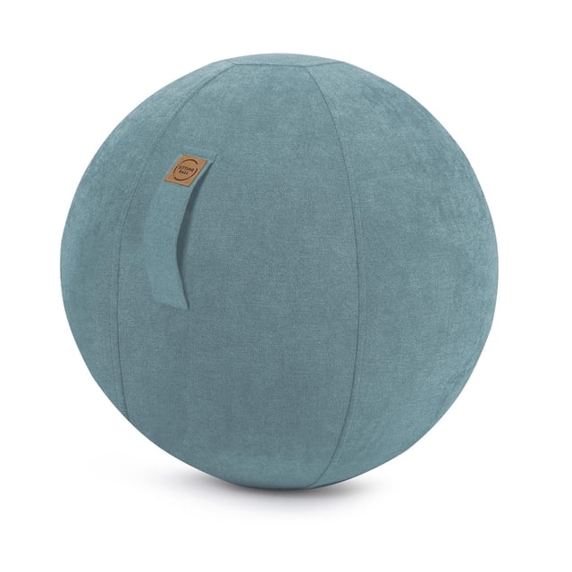 Sitting Ball Alfa Black 25.5" Dia in muted blue with a soft polyester velour cover and Velcro handle, designed as an ergonomic exercise ball chair to improve posture and core strength, often used for Pilates or yoga.