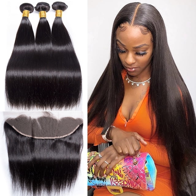 Bone Straight Human Hair Bundles 13×4 Lace Frontal Closure 100% Human Hair Weave Brazilian Straight Remy Human Hair Extensions Perruques Extensions de cheveux humains