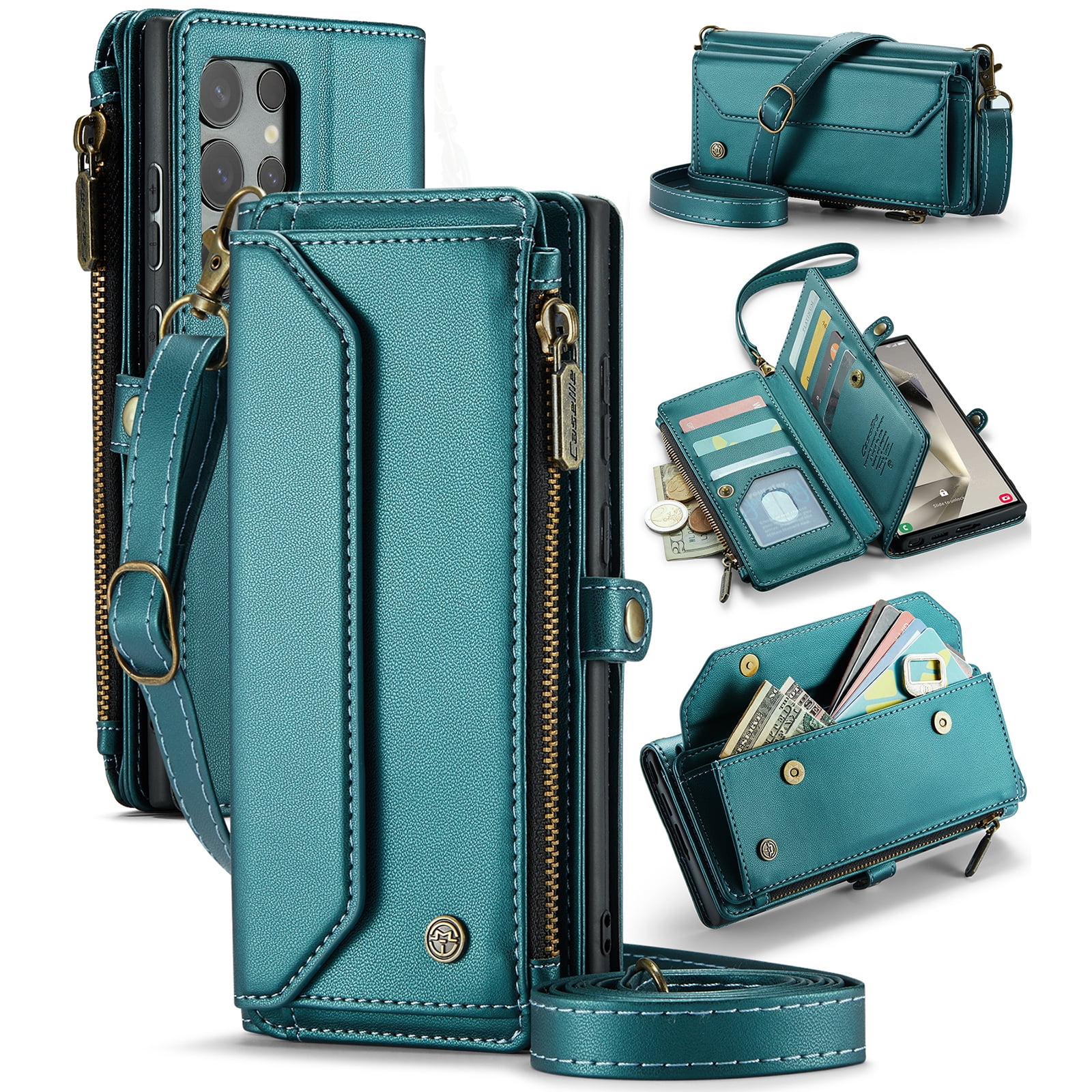 ShieldPlus for Samsung Galaxy S24 Ultra Wallet Case with 10 Card Slots Zipper Pocket,PU Leather Magnetic Flip Folio Wristlet Shoulder Strap S24 Ultra 5G Phone Case Wallet for Women Men,Green