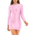 thumbnail image 1 of RUNQHUI Robe Moulante à Manches Longues Brillantes pour Femmes, Col Montant Extensible Lisse, Mini Robes Serrées, Rose G, 1 of 6