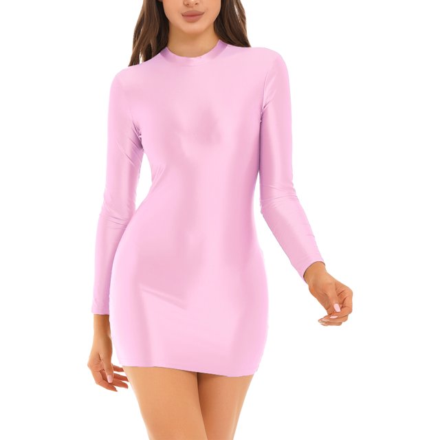 RUNQHUI Robe Moulante à Manches Longues Brillantes pour Femmes, Col Montant Extensible Lisse, Mini Robes Serrées, Rose G
