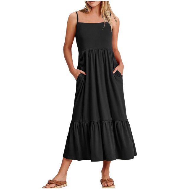 Womens Fashion Round-Neck Sling Sleeveless Solid Pockets Patchwork Pullover Dress