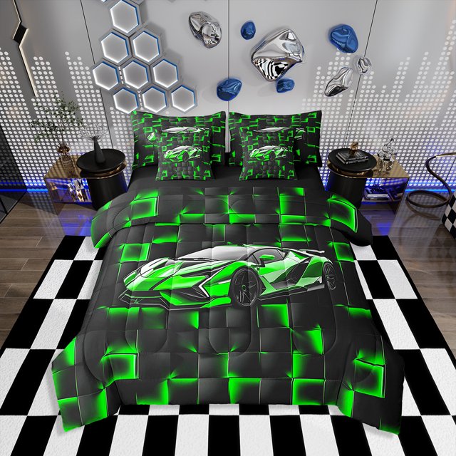 Erosebridal Neon Car Bedding Queen Size for Boys, Racing Car Bedding Sets Queen Size, Sports Decor, Reversible 7-Piece