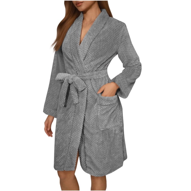 Womens Plush Fleece Robe Knee Length Cozy Fuzzy Bathrobe with Belt Shawl Collar Warm Soft Towel Robes Gray, XXL
