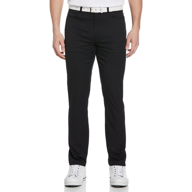 PGA TOUR Course Essentials Men's Stretch 5 Pocket Dress Pant with Comfort Waist in black, front view showing slim fit with comfort stretch waistband and MOTIONFLUX™ 360 performance stretch fabric, styled with white belt and sneakers, suitable for golf and casual wear.