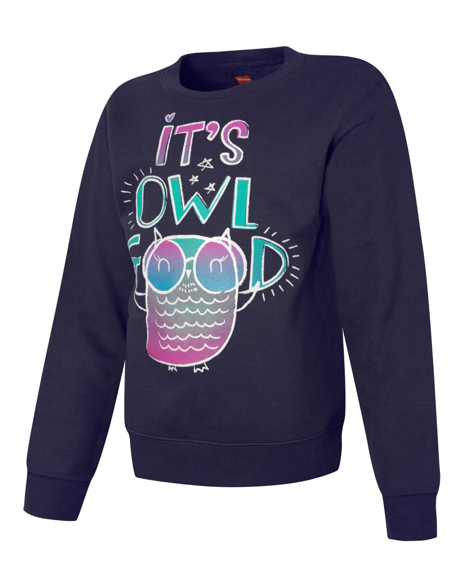 Hanes Girls EcoSmart Graphic Crewneck Sweatshirt, XL, Its Owl Good/Navy