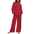 thumbnail image 2 of EGNMCR Women 2 Piece Linen Outfits Solid Color Long Sleeve Suit Drawstring Wide Leg Pants with Pockets Womens Lounge Sets, 2 of 7