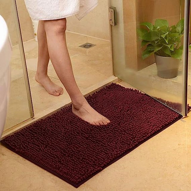 Fatty Farmer Plush Chenille Bath Rugs Extra Soft and Absorbent Microfiber Shag Rug, Non-Slip Runner Carpet for Tub Bathroom Shower Mat Dark Purple 16" X 24"