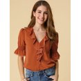 thumbnail image 2 of INSPIRE CHIC Blouse en Mousseline Semi-Transparente pour Femme à Volants, Col en V, Manches Bouffantes au Coude, 3TG, Brun Rouge, 2 of 6