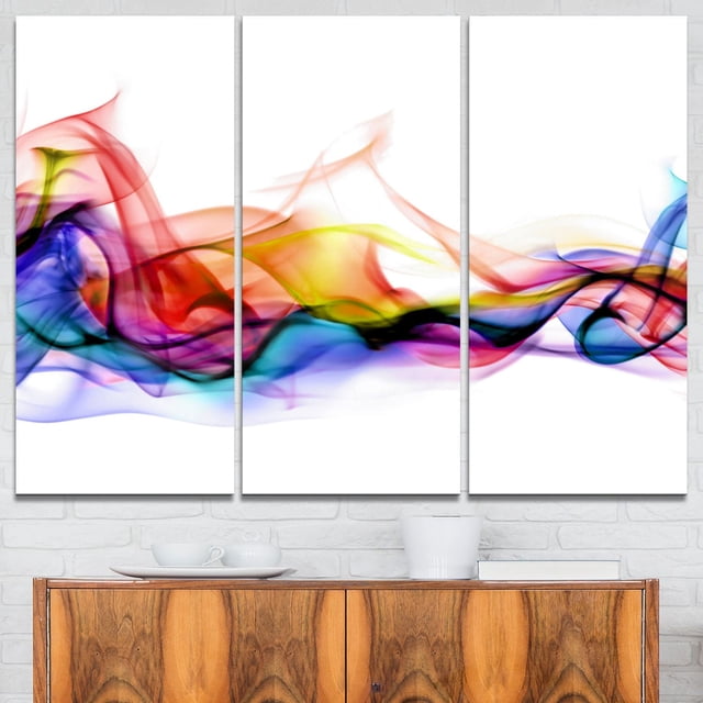 Design Art Abstrait Fumée Oeuvre Contemporaine Impression sur Toile Mettant en Vedette une Toile en Coton à Trois Panneaux Enveloppée pour Galerie avec des Motifs de Fumée Multicolores Fluides en Rouge, Jaune, Bleu, Violet et Noir sur Blanc, Prête à Accrocher avec Quincaillerie Incluse, Conçue et Fabriquée au Canada, Convient à la Décoration Murale Moderne de la Maison Ou du Bureau.