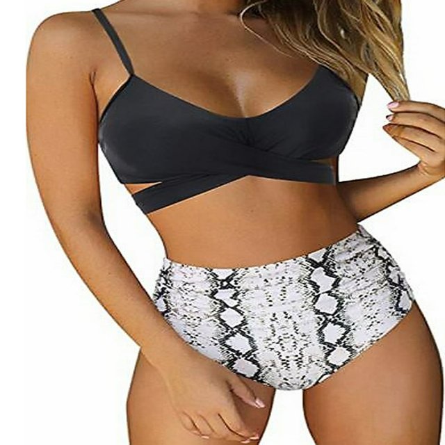 Female Two-Piece Bathing Suit Spaghetti Strap Bikini Tops Leopard Print Bikini Panties Swimsuits Yellow L