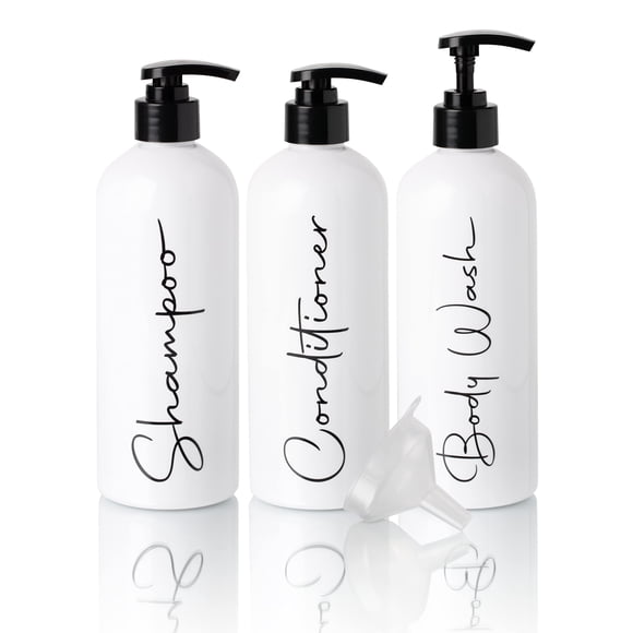 Alora Bouteilles Réutilisables de Shampoing et Revitalisant 16oz - Ensemble de 3 - Étiquettes Faciles à Lire - Distributeur de Bouteille à Pompe pour Shampoing, Revitalisant, Gel Douche - Contenants Rechargeables en Plastique Vides pour la Douche