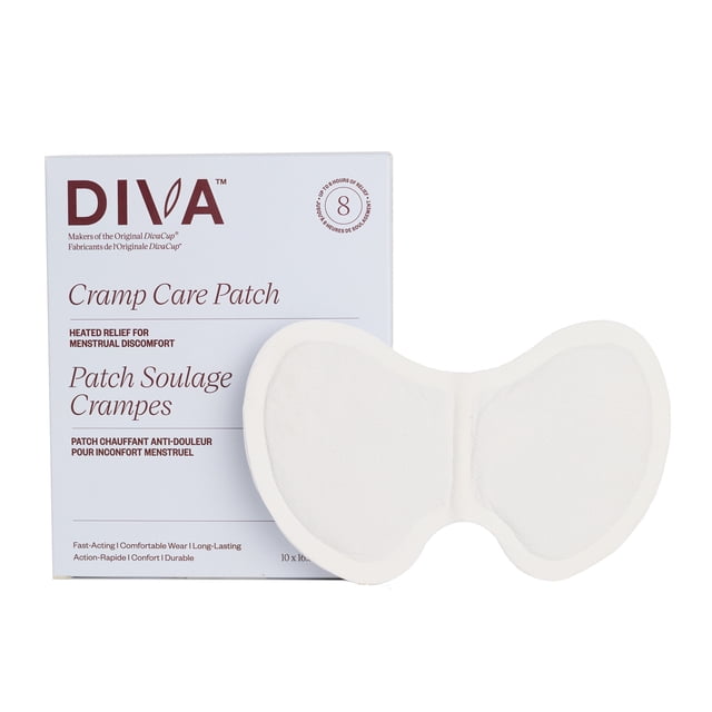 DIVA Cramp Care Patch with packaging, showing a white butterfly-shaped self-heating patch that provides up to 8 hours of targeted heat relief for menstrual cramps, designed for discreet, comfortable wear on the abdomen or back.