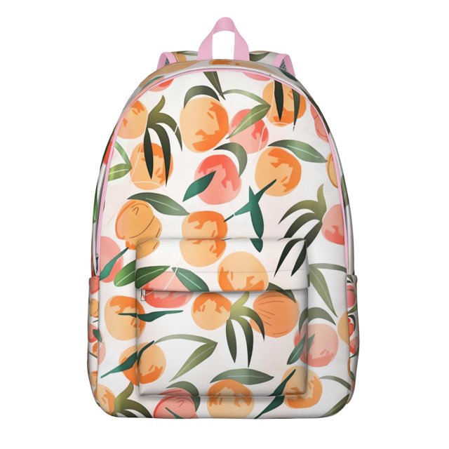 Peach Fruit Print School Backpack, Sweet Juicy Pink Peach Pattern Daypack with Kawaii Cartoon Style and Vibrant Tropical Aesthetic Design