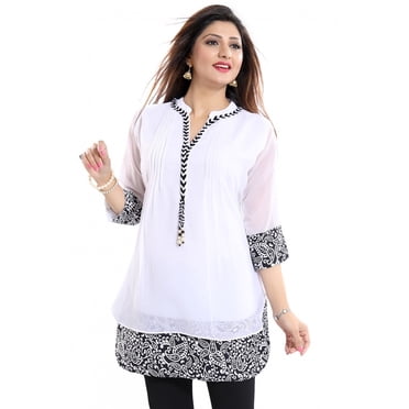 Celebration Season Kurti Court pour Femmes Tunique à Manches Trois Quarts Chemise Kurti à Étages Blanc Noir