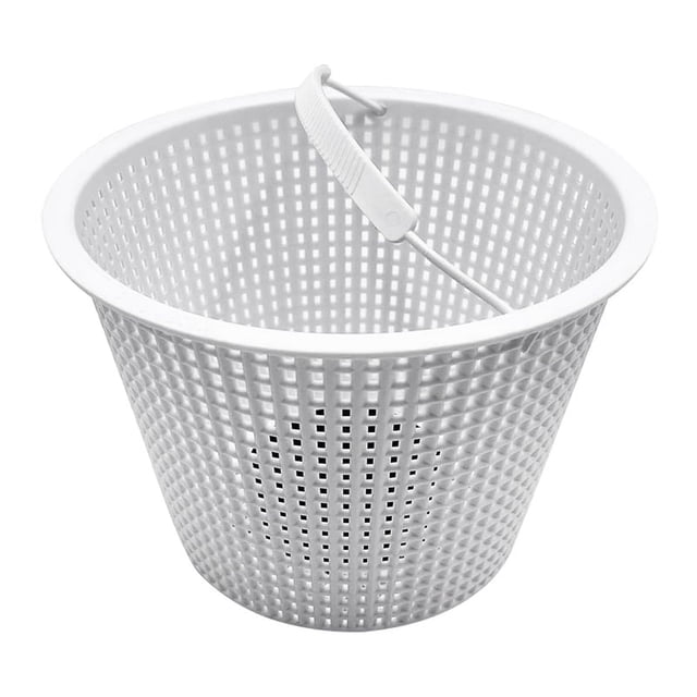 8 Inch Weighted Skimmer Basket for SP1070, designed for pool maintenance. This heavy-duty white plastic skimmer basket features a built-in handle and an innovative weighted design to ensure it stays at the bottom of the skimmer. The basket is compatible with SP1070 systems and effectively traps leaves and debris, promoting a clean and hygienic swimming pool. The package includes one skimmer basket, offering quick and hassle-free installation.