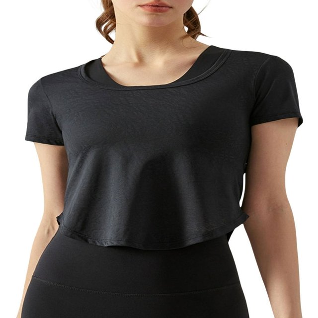 Femmes Entraînement T-Shirts Manches Courtes Ourlet Courbé Yoga Tops
