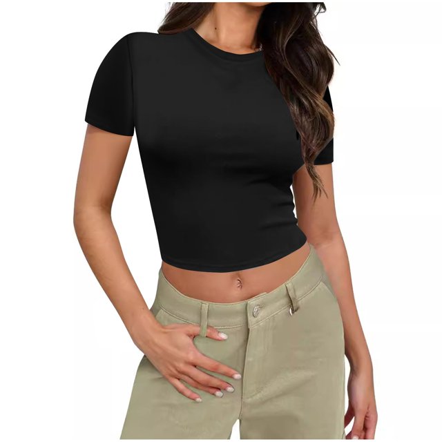 Plebaso Hauts Courts pour Femmes à Manches Courtes, Col Montant, T-Shirts Ajustés, Décontractés d'Été, Mignons pour Sorties