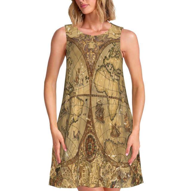 Vsdgher Robe d'Été à Imprimé Carte du Monde1 pour Femmes, Décontractée, Col en U, Robe de Plage Sans Manches, Débardeur Ample, Robe Soleil avec Poche