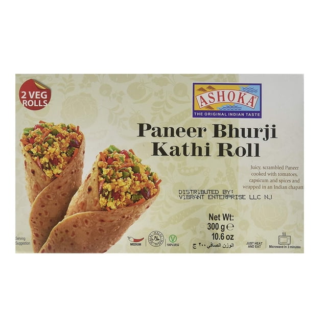 Ashoka Froen Roll - Paneer Bhurji showing two Indian kathi rolls filled with scrambled paneer, tomatoes, capsicum, and spices wrapped in chapatti, ready-to-eat and microwavable in 3 minutes, packaged as 300g vegetarian street food.