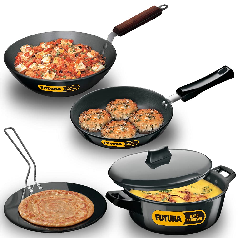 Futura 4 Pieces Cookware Set 1 - Hard Anodised Tava + Frying Pan + Kadhai + Cook-n-serve Bowl & One Hard Anodised Lid, Black (ASET1)