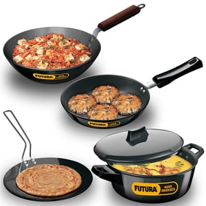 Futura 4 Ensemble d'articles de cuisine en pièces 1 - Tava anodisé dur + Cuisson à frire + Kadhai + Cuisinière en service & Une seule couche anodisée dure, noire (ASET1)
