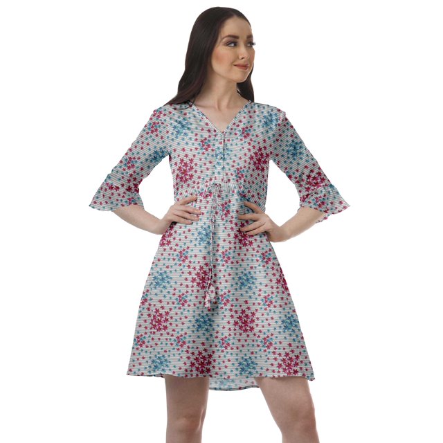 Moomaya Robe Courte à Cordon Imprimée pour Femmes, Col en V, Manches à Volants, Robe d'Été
