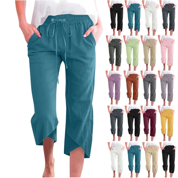 QATAINLAV Pantalon Capri pour Femmes Été Décontracté Coton Lin Taille Haute Élastique à Cordon Pantalon Court de Plage avec Poches Bleu Ciel m Offres Éclair