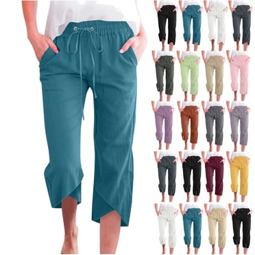 QATAINLAV Capri Pants for Women Summer Casual Cotton Linen Elastic High Waisted Drawstring Beach Cropped Pants with Pockets Black XXL Back to College Sale