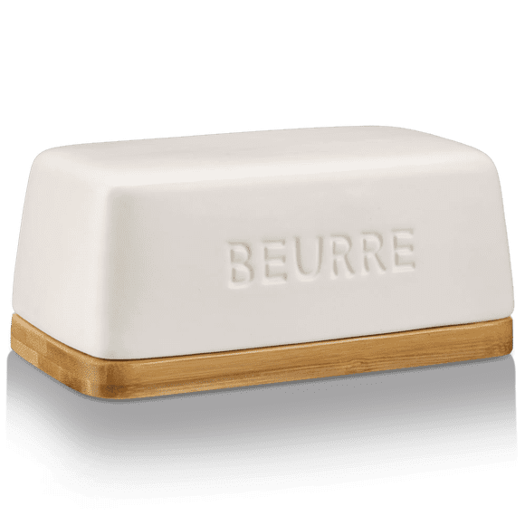 Bouclair White Ceramic & Wood Butter Dish
