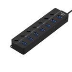 RRJ USB Hub 3.0, 7-Port USB Splitter Expander for Laptop PC Computer, High-Speed Data Transfer Hub with Individual On/Off Switches and LED Indicators, Desktop USB Port Hub for Keyboard Mouse Printer