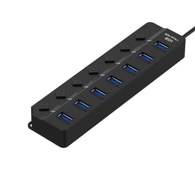 RRJ USB Hub 3.0, 7-Port USB Splitter Expander for Laptop PC Computer, High-Speed Data Transfer Hub with Individual On/Off Switches and LED Indicators, Desktop USB Port Hub for Keyboard Mouse Printer