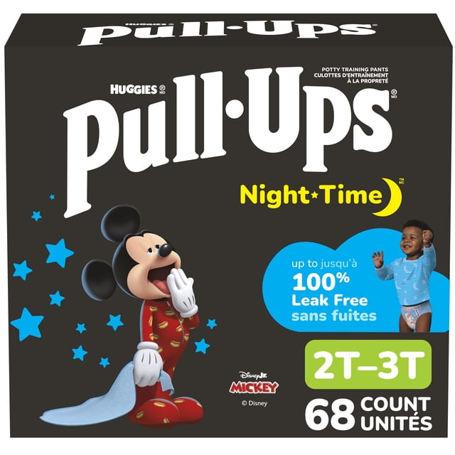 Pull-Ups Night Time training pants Giga Pack size 2T-3T box featuring Mickey Mouse in red pajamas holding a blue blanket, highlighting up to 100% leak-free protection and 68 count, designed for toddler potty training with soft stretchy sides and easy-open design.