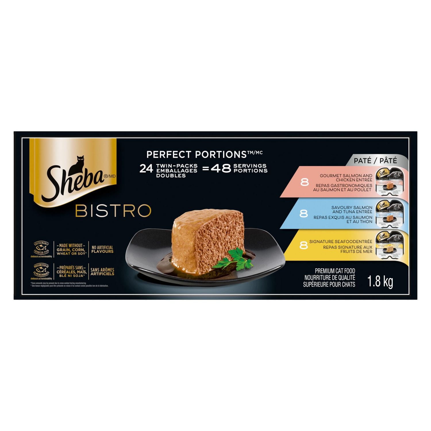 Sheba Bistro Perfect Portions Salmon & Chicken, Savoury Salmon & Tuna and Signature Seafood Adult Wet Cat Food Paté Variety 24 Pack