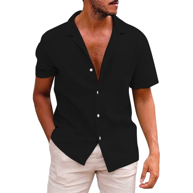 BOBOGOJP Men Summer Button Down Shirts Slim Fit Short Sleeve Athletic Fit Solid Button Down Shirts,Black 3XL