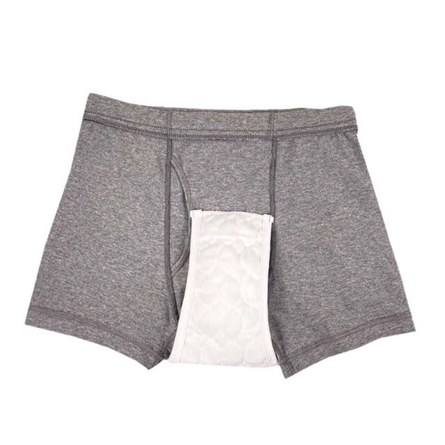 Men Diaper Pants Washable Soft Protective Briefs for seniors, shown in a grey fabric with a white quilted absorbent panel in the crotch area. Designed with a widened and lengthened diaper for large absorption, breathable material, and a movable crotch for comfort. Features a front door for normal toilet use and a leakproof waterproof layer. Suitable for adults with incontinence, reusable and washable for durability.