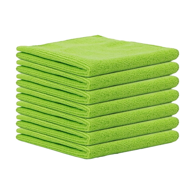 A stack of green kitchen cleaning cloths, described as thickened and absorbent cleaning cloths, ideal for dishwashing, wiping countertops, and removing stains. These multifunctional stain remover cloths are durable and effective for various cleaning tasks, including baby utensils. Each cloth measures 25 cm.