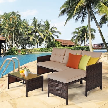 Costway 3PCS Patio Wicker Rattan Sofa Set Outdoor Sectional Conversation Set Garden Lawn