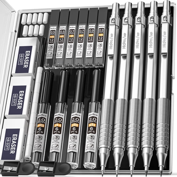 Nicpro Mechanical Pencils Set with Lead Refills and Erasers, 2B HB 2H Lead, Silver, 5 Count