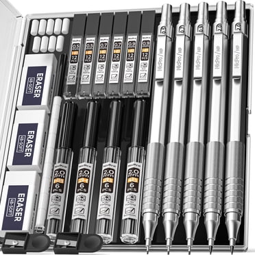 Nicpro Mechanical Pencils Set with Lead Refills and Erasers, 2B HB 2H Lead, Silver, 5 Count