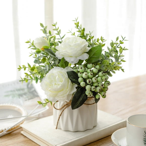 Wzzjkit Artificial Rose Bouquet Silk Roses Potted Flowers with Small Ceramic Vase Fake Flower Decoration for Tables Home Party Office Kitchen Dining Room Wedding